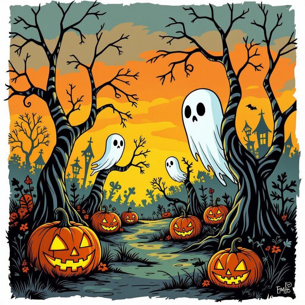 Gothic Halloween Harvest Scene in Tim Burton Style