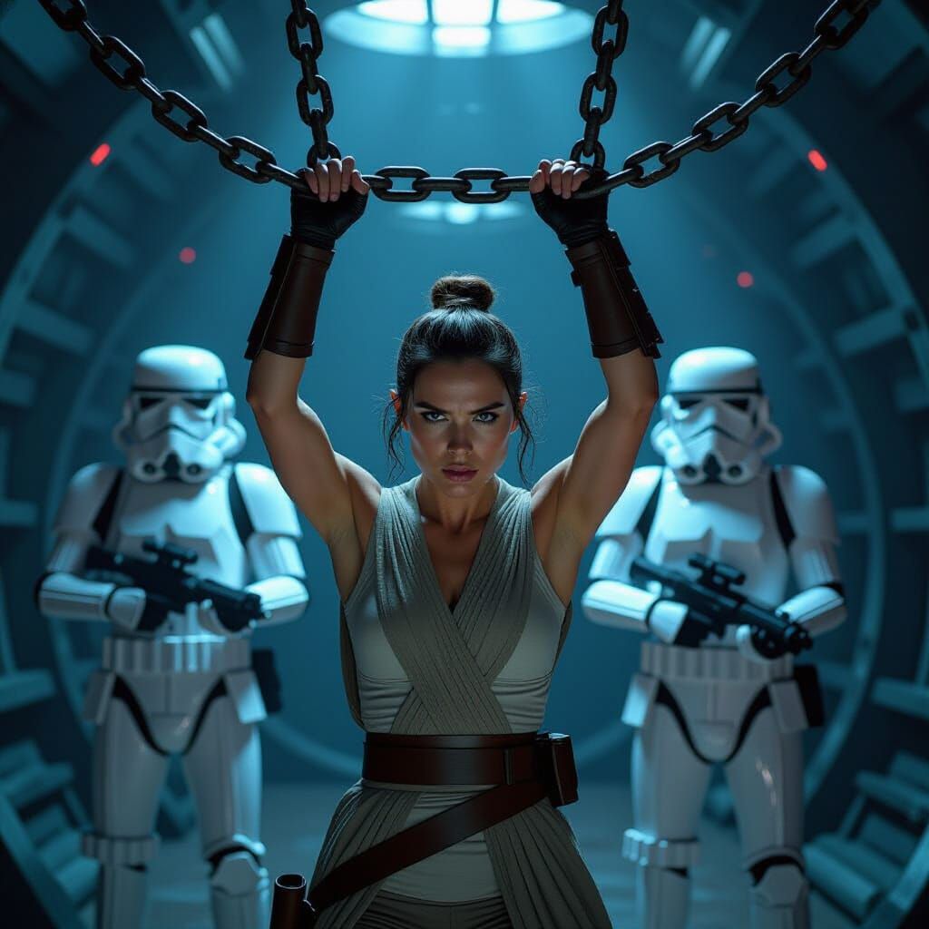 Rey Skywalker Chained, Guarded by Stormtroopers in Dark Corr...