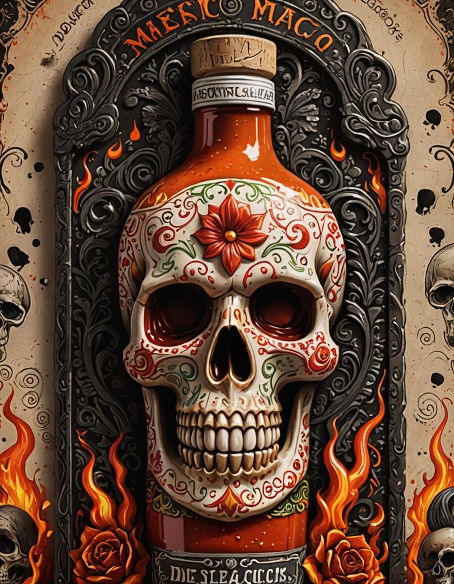 Ornate Mexican Hot Sauce Bottle with Skull Label