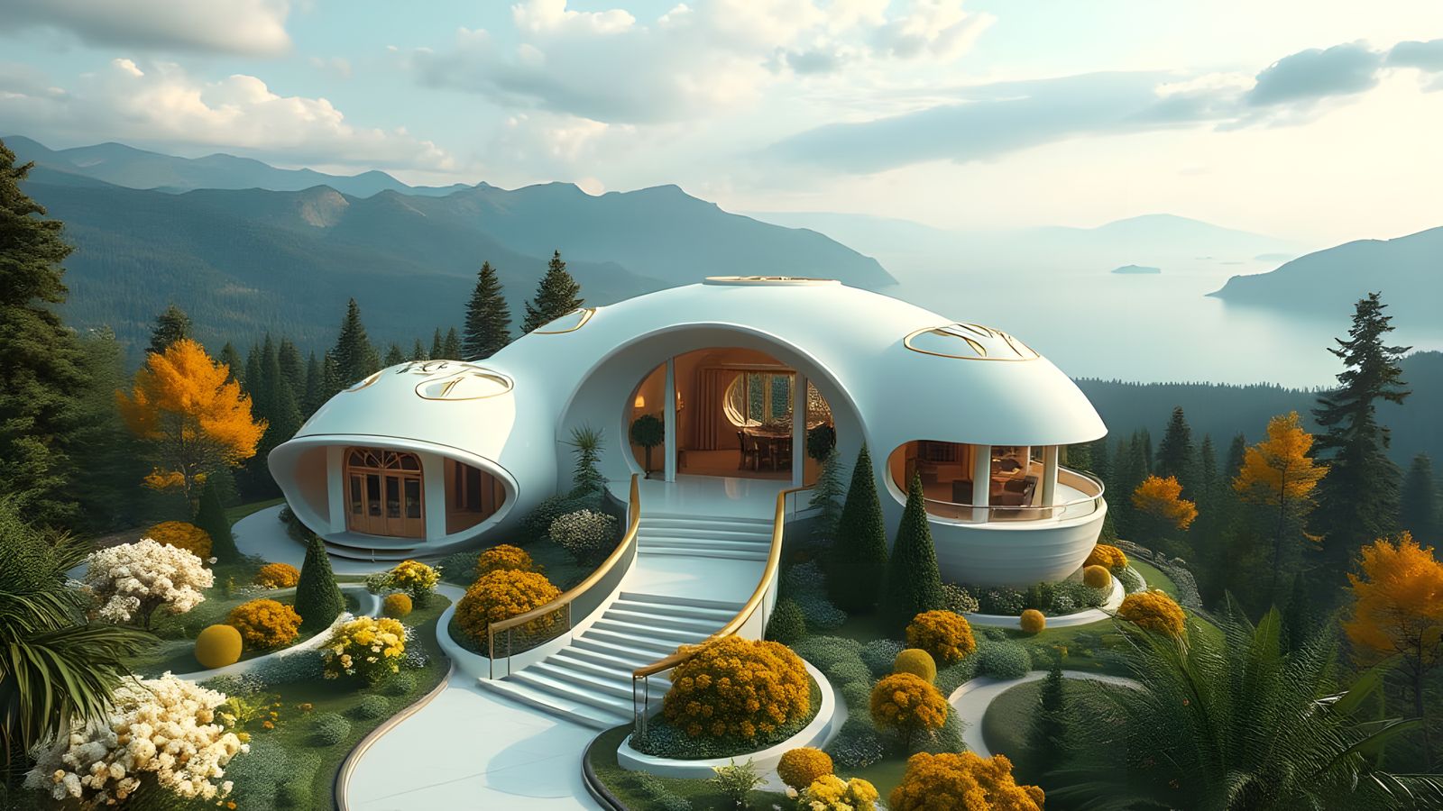 Luxurious Futuristic House with White and Gold Gardens