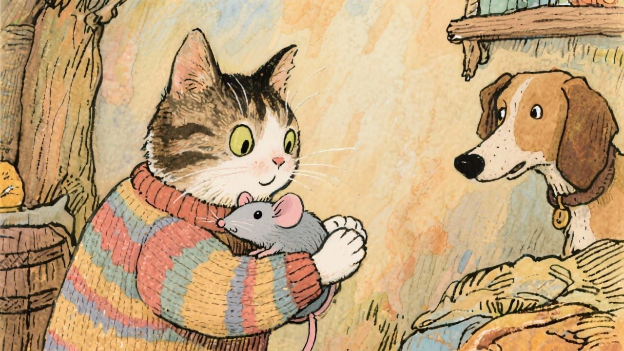 Cat Protects Mouse From Confused Dog in Whimsical Style