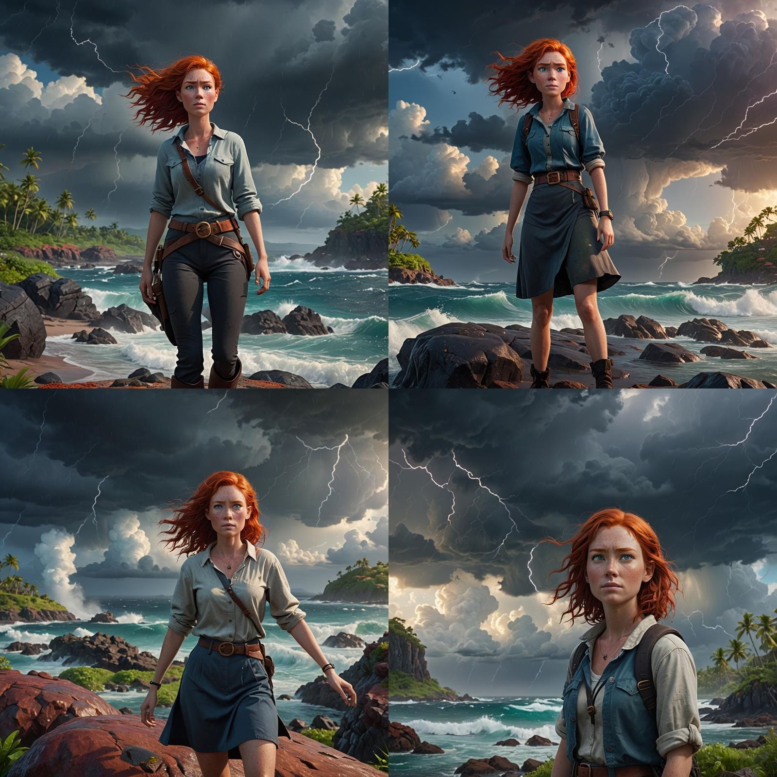Red-Haired Woman on Island in Pixar-Style 3D Rendering