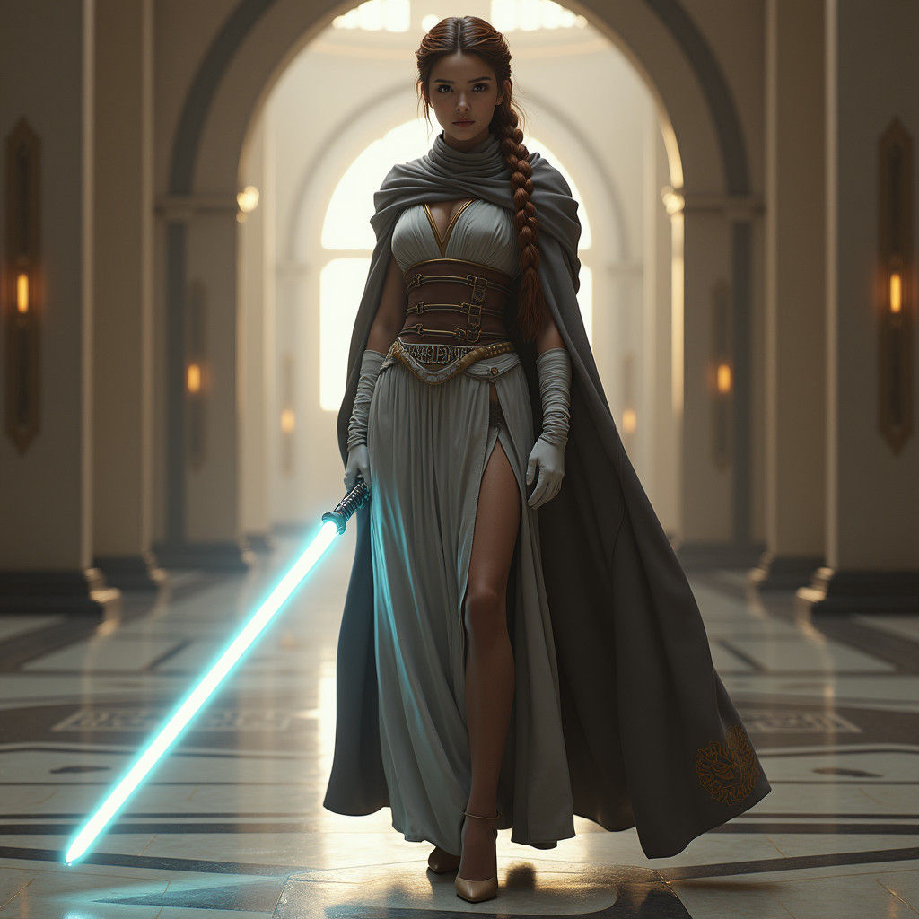 A female Jedi is standing in the magnificent Galactic Senate