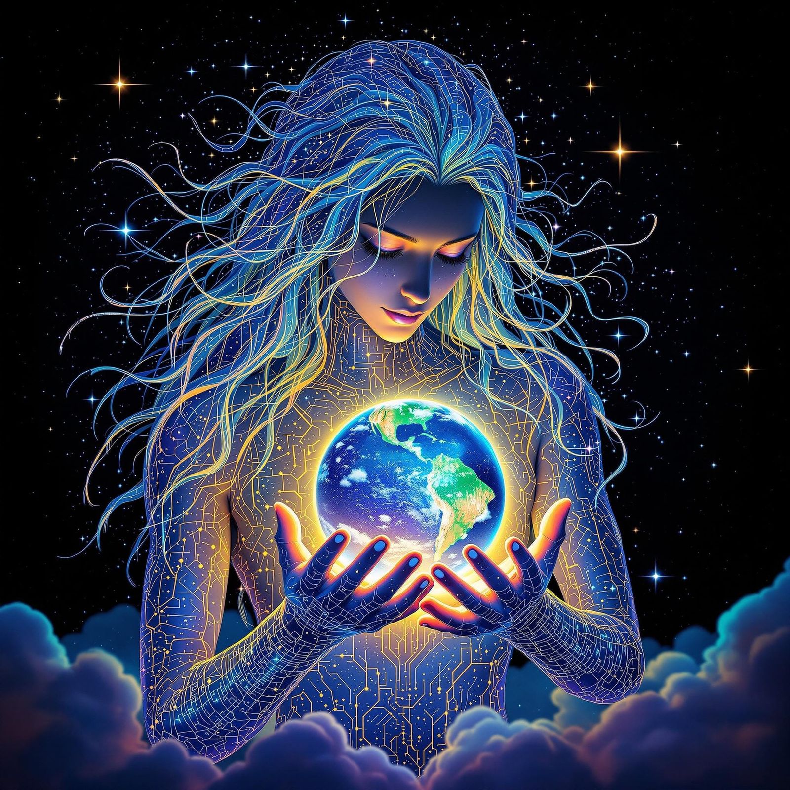 Cosmic Guardian in Shimmering, Galaxy-Haired Splendor