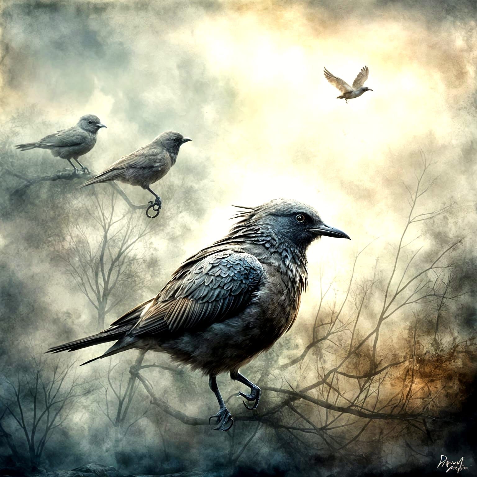 Birds Fly in Fog: Dreamlike Ethereal Artwork