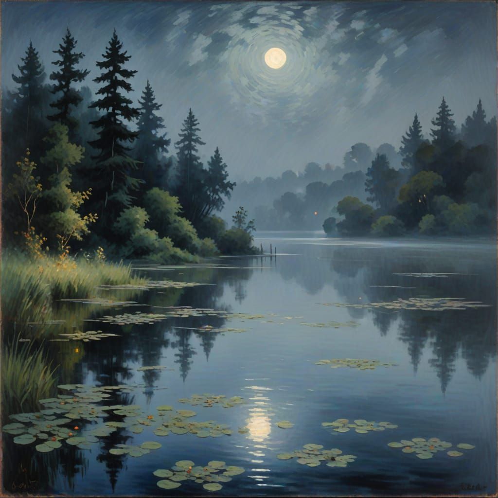 Misty Moonlit Lake in Impressionist Style