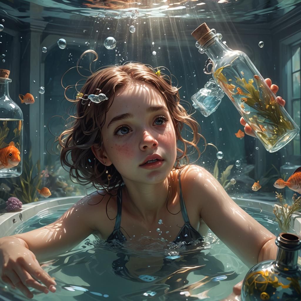 Underwater Girl in Glass Bottle: Hyperdetailed Portrait