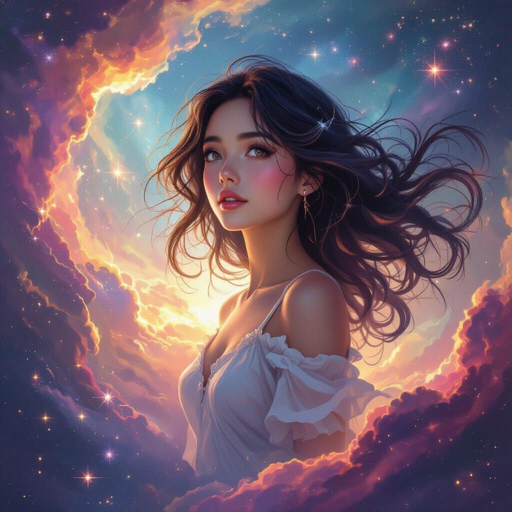 Ethereal Woman Gazes into Cosmic Nebula