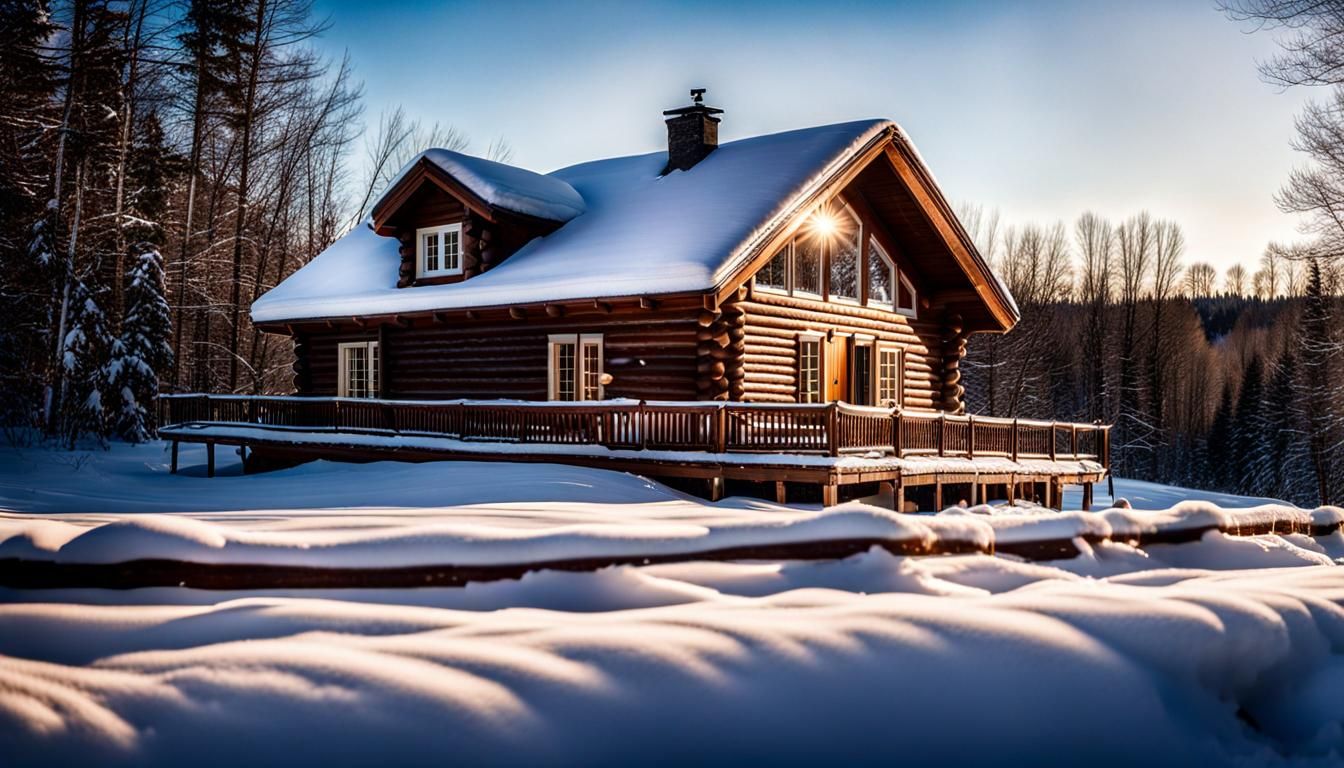 Quebec Cabin in Snowy Sunlight: Photorealistic Winter Scene