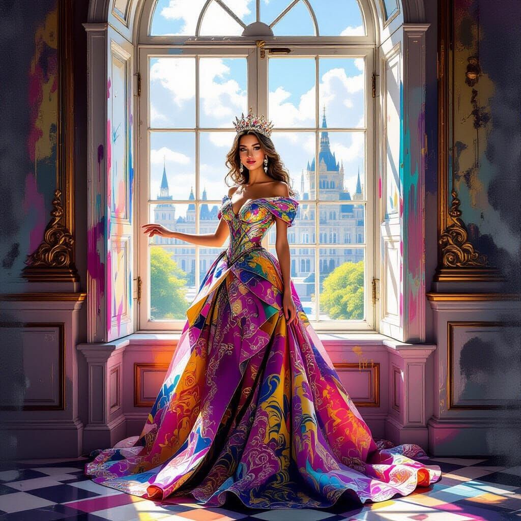 Joyful Queen in Jewel-Toned Gown at Palace Window