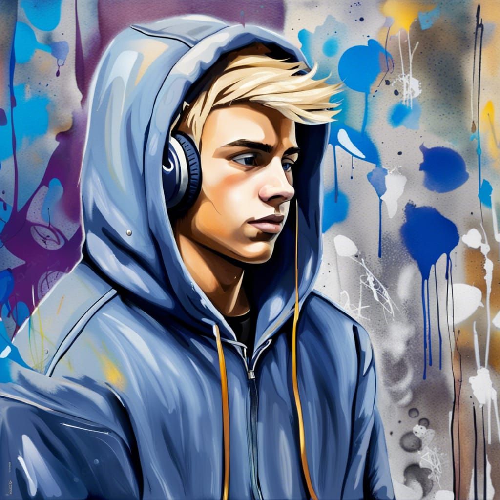 Handsome Teen with Headphones in Graffiti Style