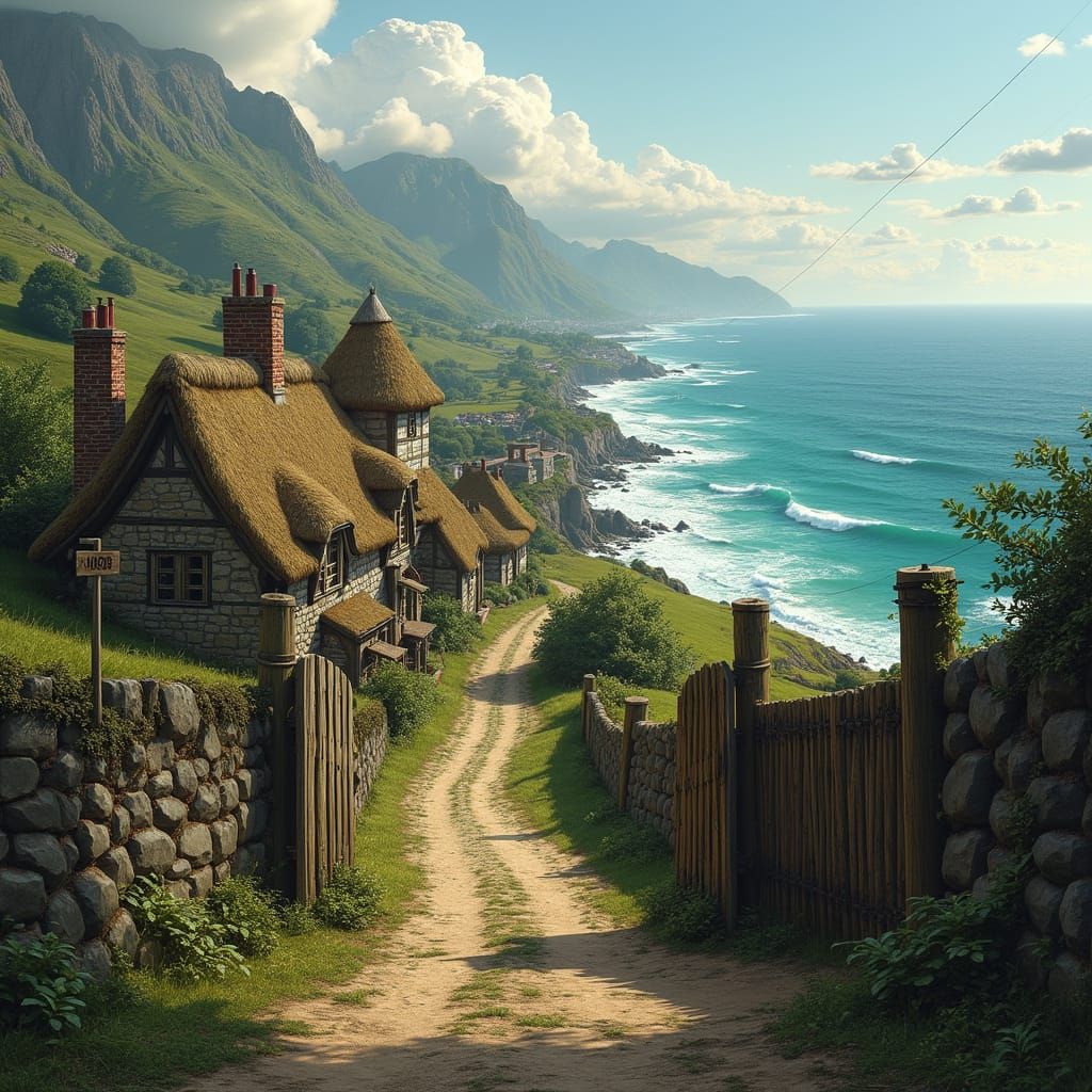 Medieval Village Amidst Majestic Mountain and Ocean Landscap...