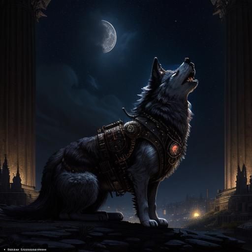 Steampunk Wolf under Starry Night Sky