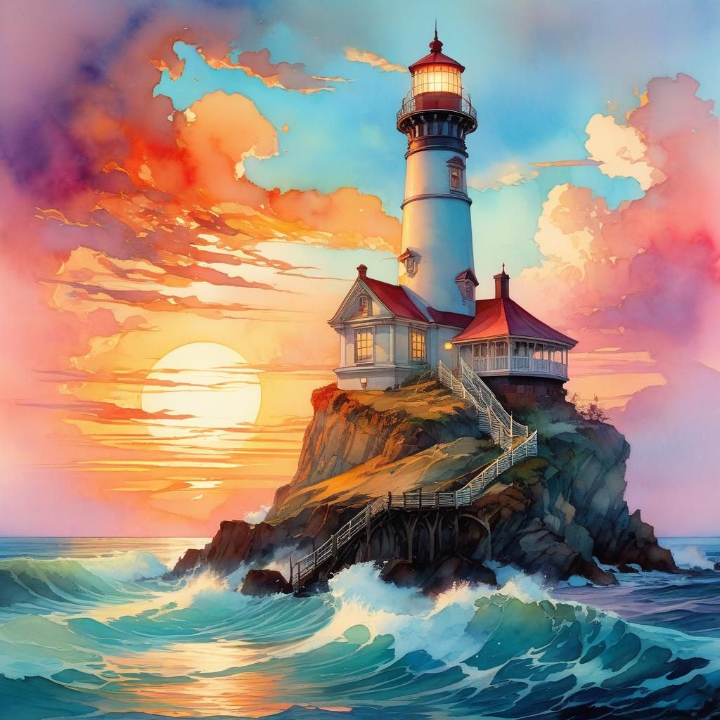 Sunset Lighthouse in Watercolor Art Nouveau Style