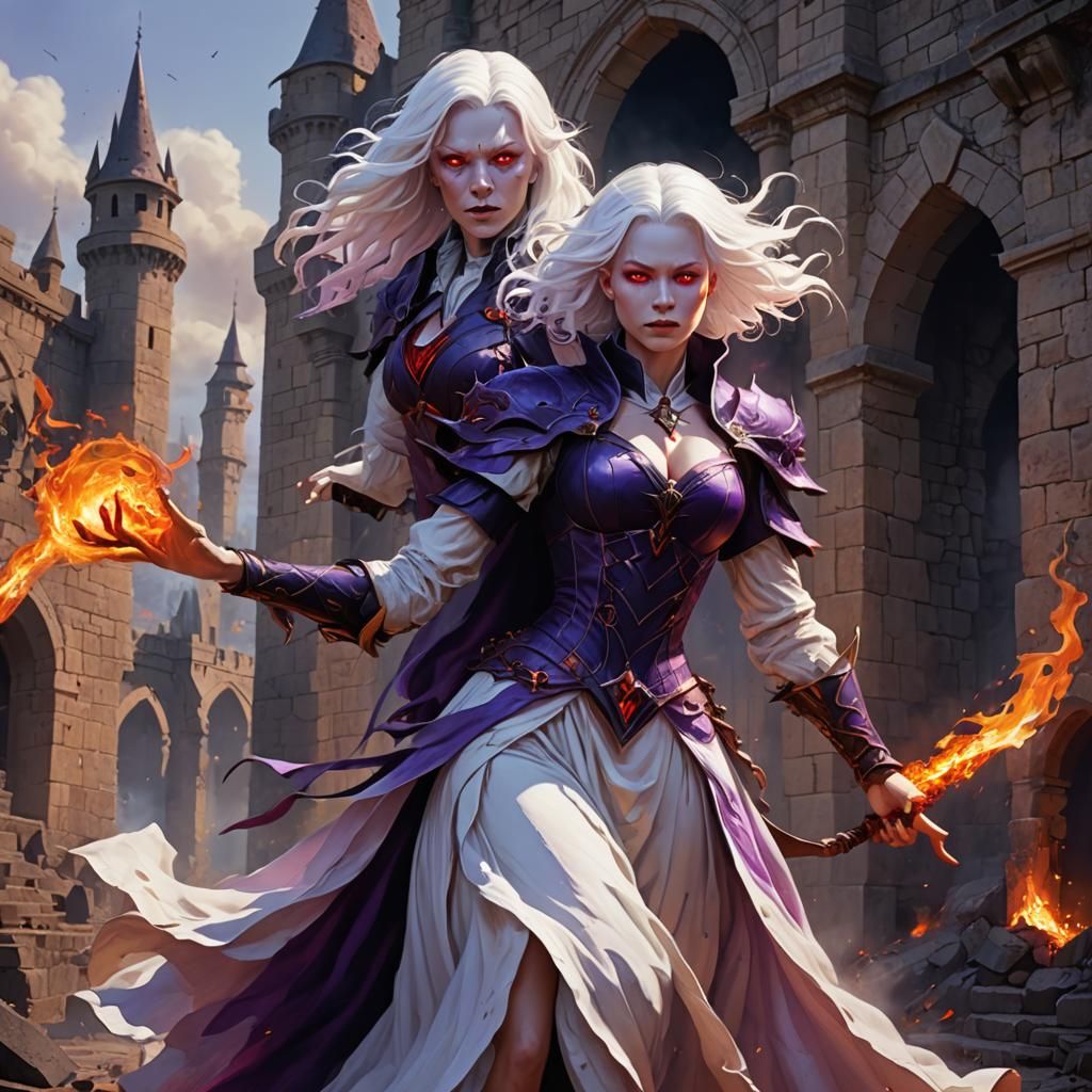 Albino Fire Witch in Fortress, Digital Art