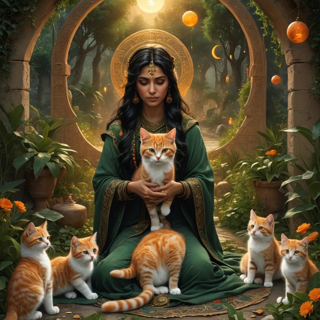 Sufi Woman, Kitten, and Crescent Moon: Fantasy Art
