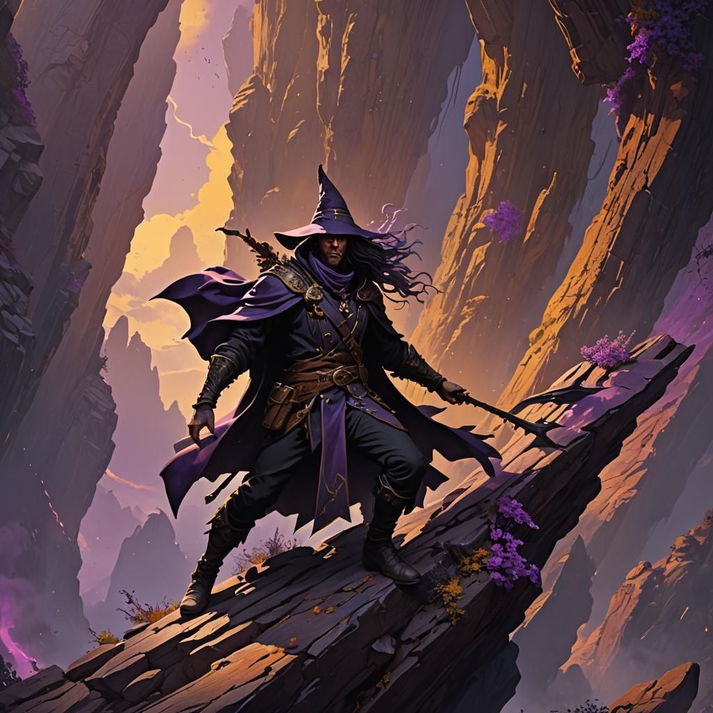 Male Witch Shadow Climbs Volcano: Dark Fantasy Art