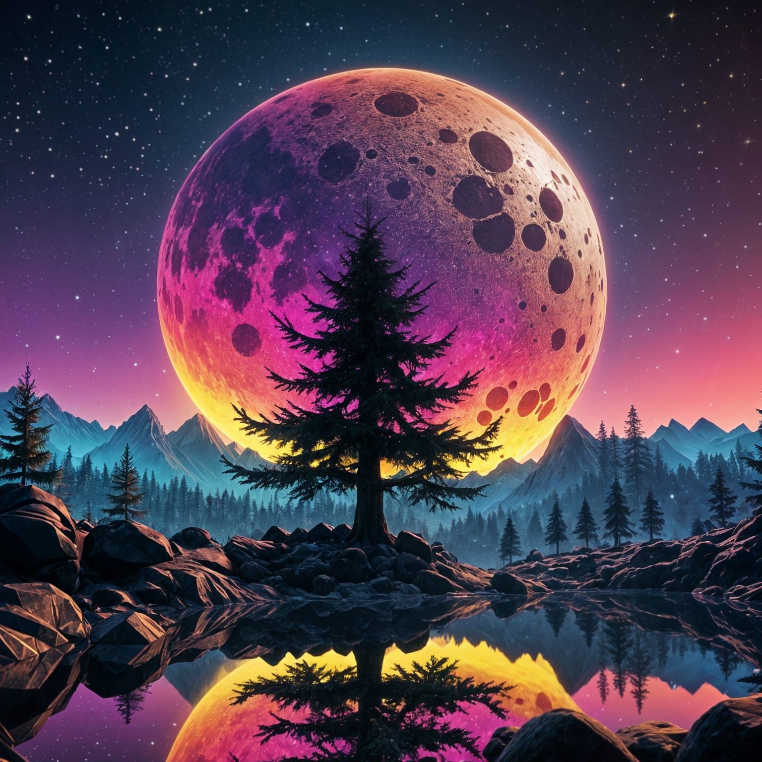 Illuminated Christmas Tree Against Vibrant Sunset in Magenta...