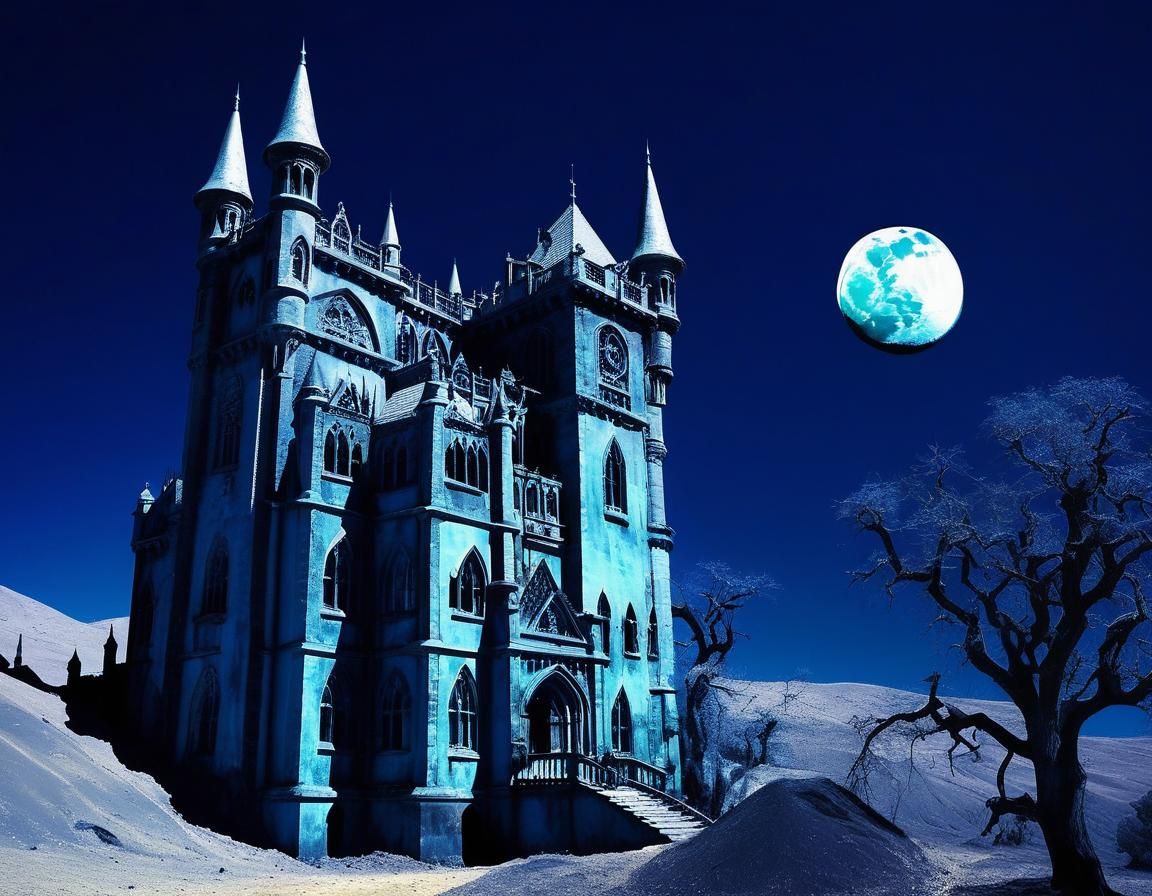 Moonlit Gothic Castle in Silver Nitrate Style