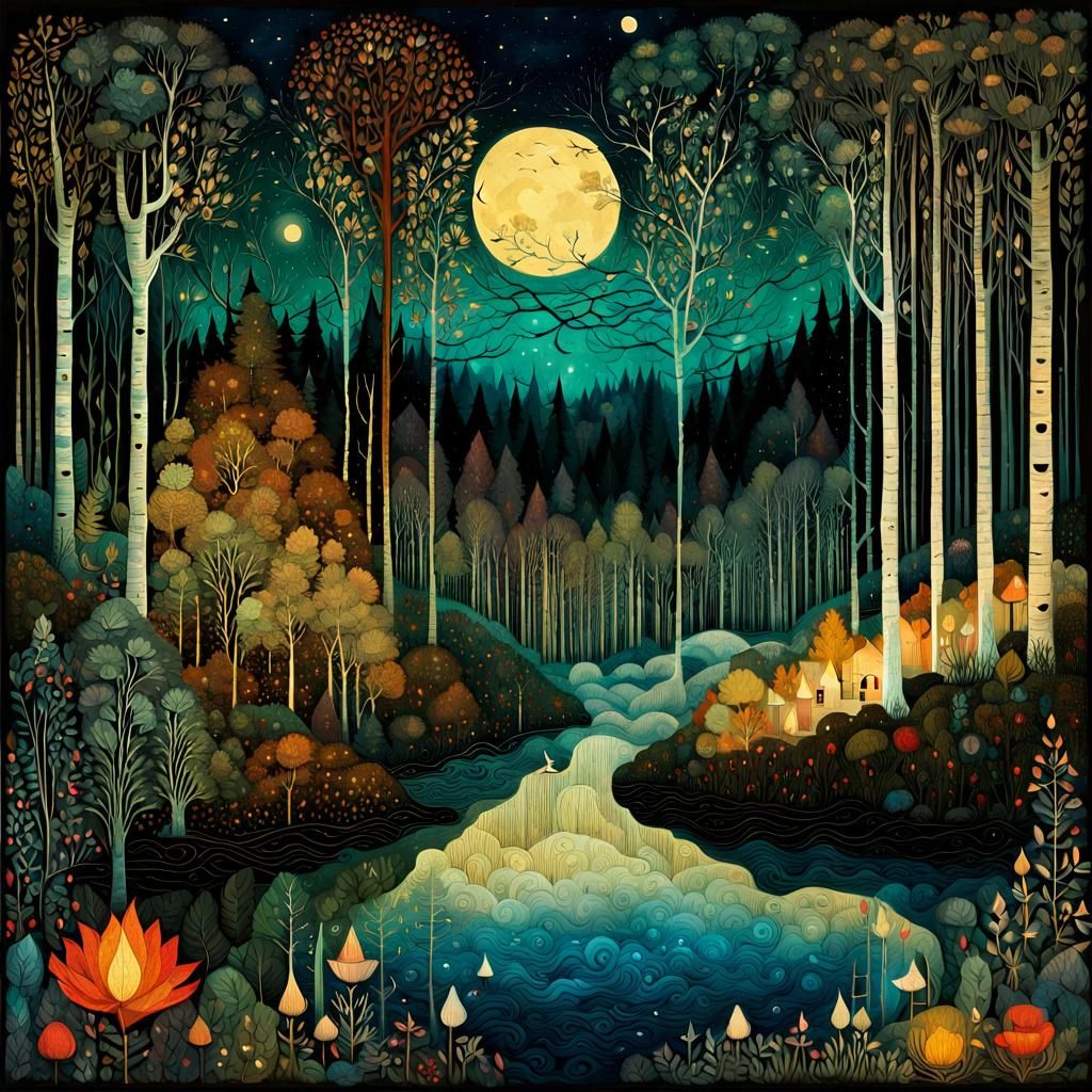 Intricate Forest at Night in Collage Style