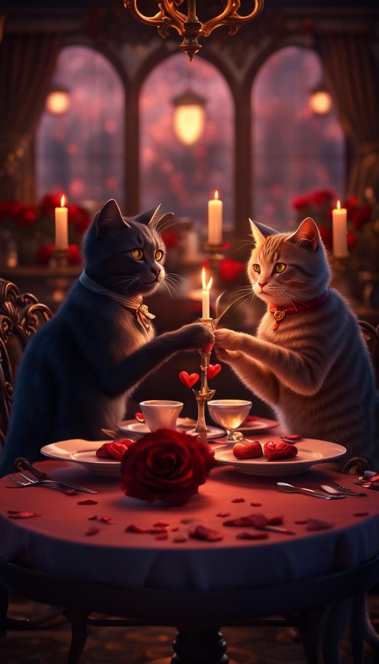 Romantic Cats' Candlelit Dinner, Digital Painting