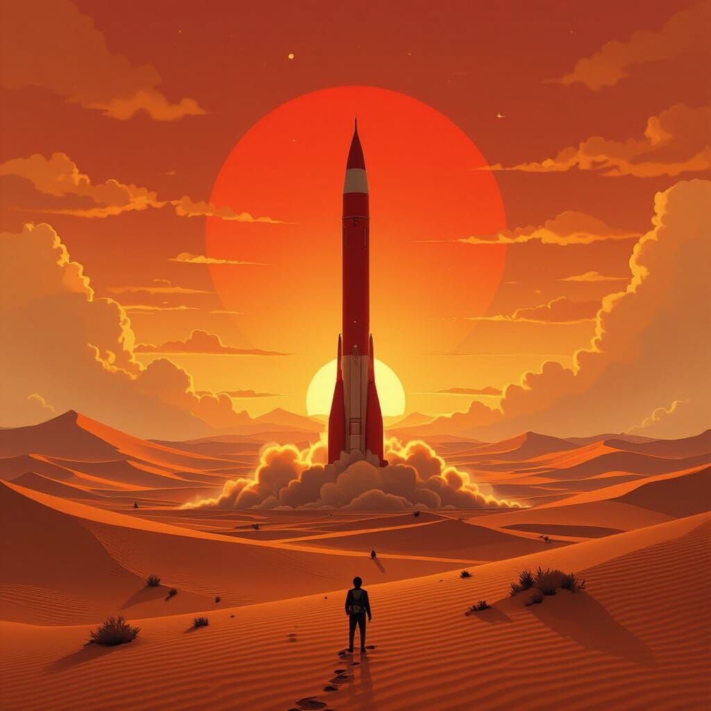 Tintin Style Rocket on Mars at Golden Hour