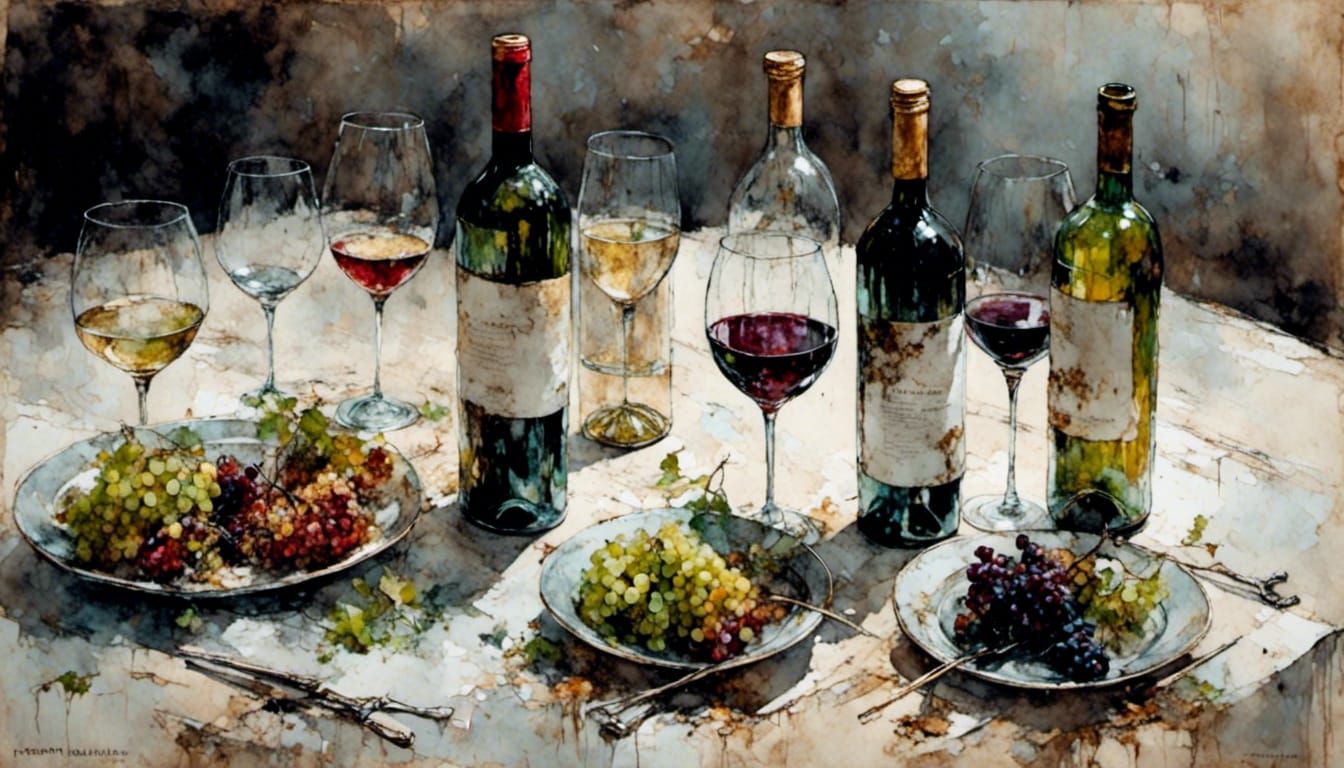 Bottles of Wine and Empty Glasses with Color Splash