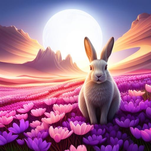 Cute Bunny in Flower Field with Abstract Elements