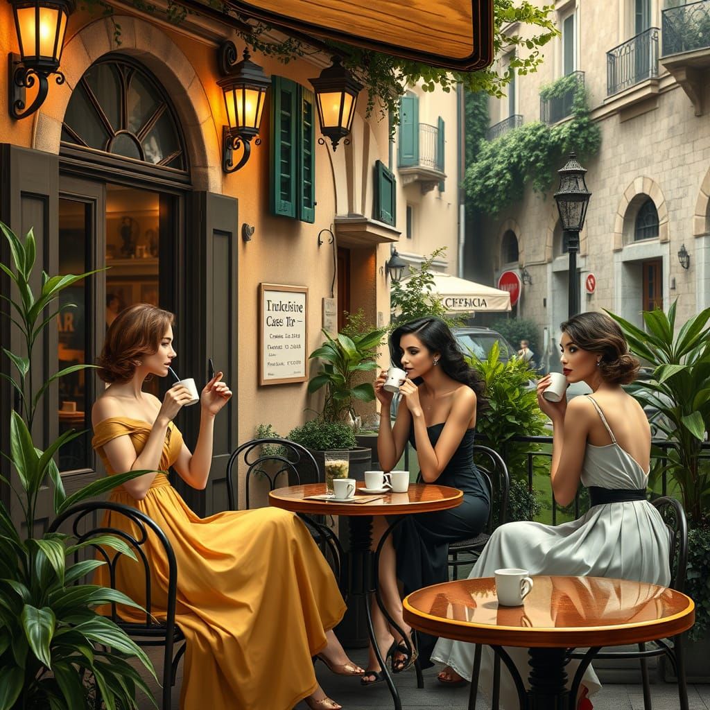 Elegant Women Sip Espresso in Quaint Italian Cafe