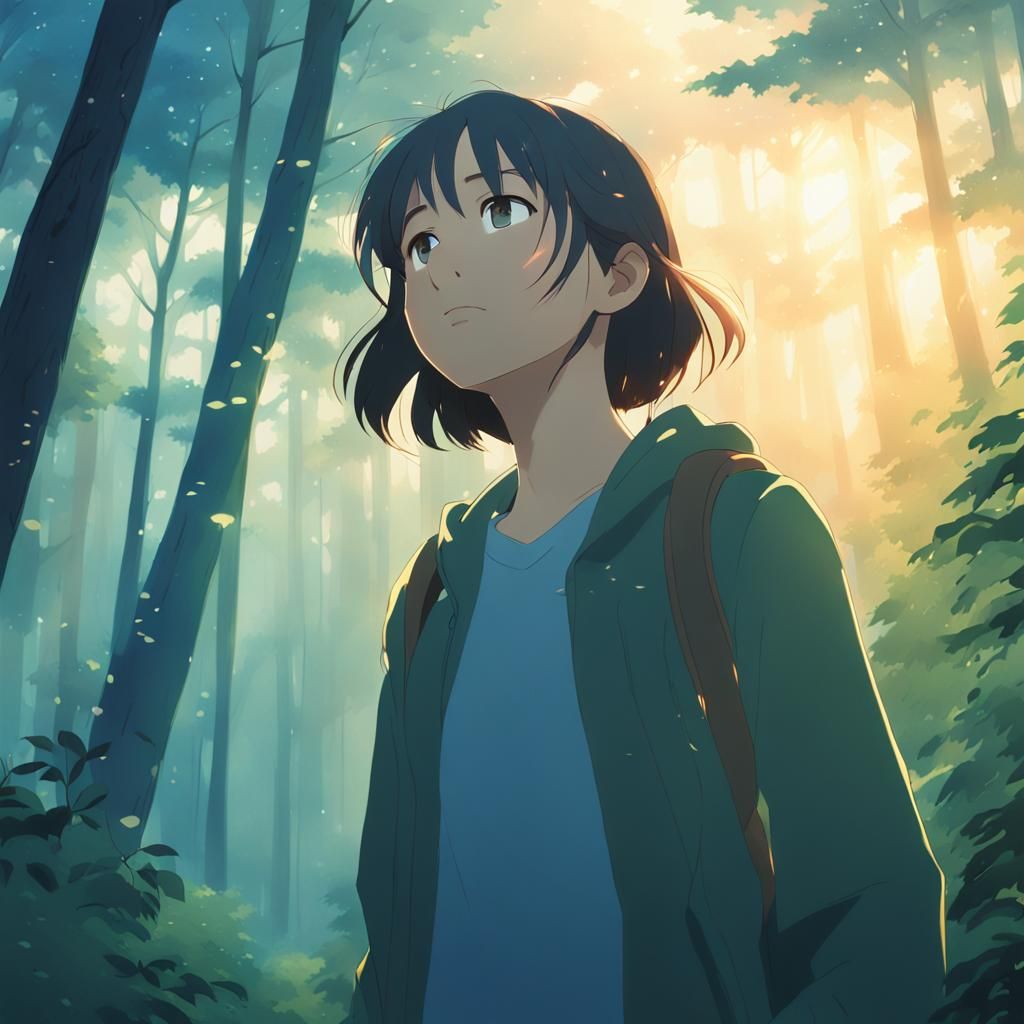 Anime Girl Crying in Forest at Sunset, Watercolor Style