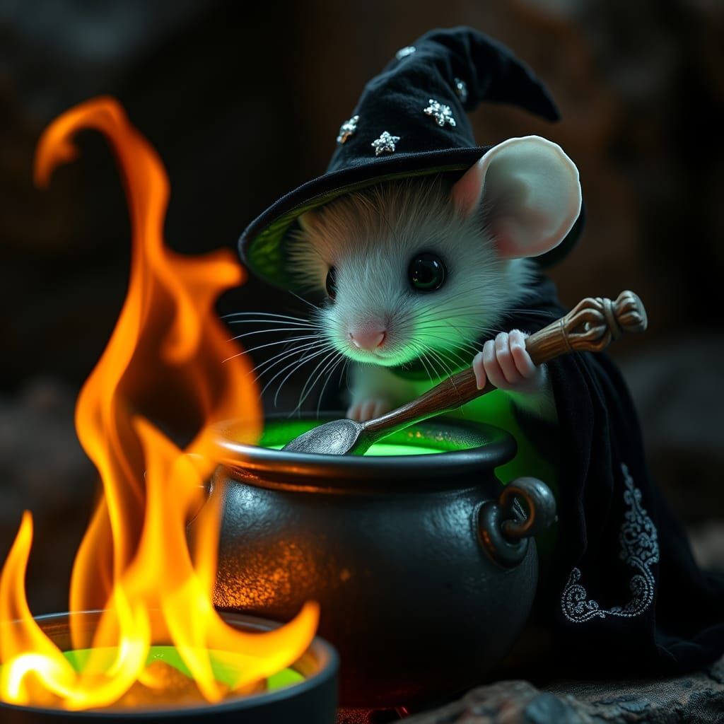 Enchanting Witch Mouse Stirring Magic Potion
