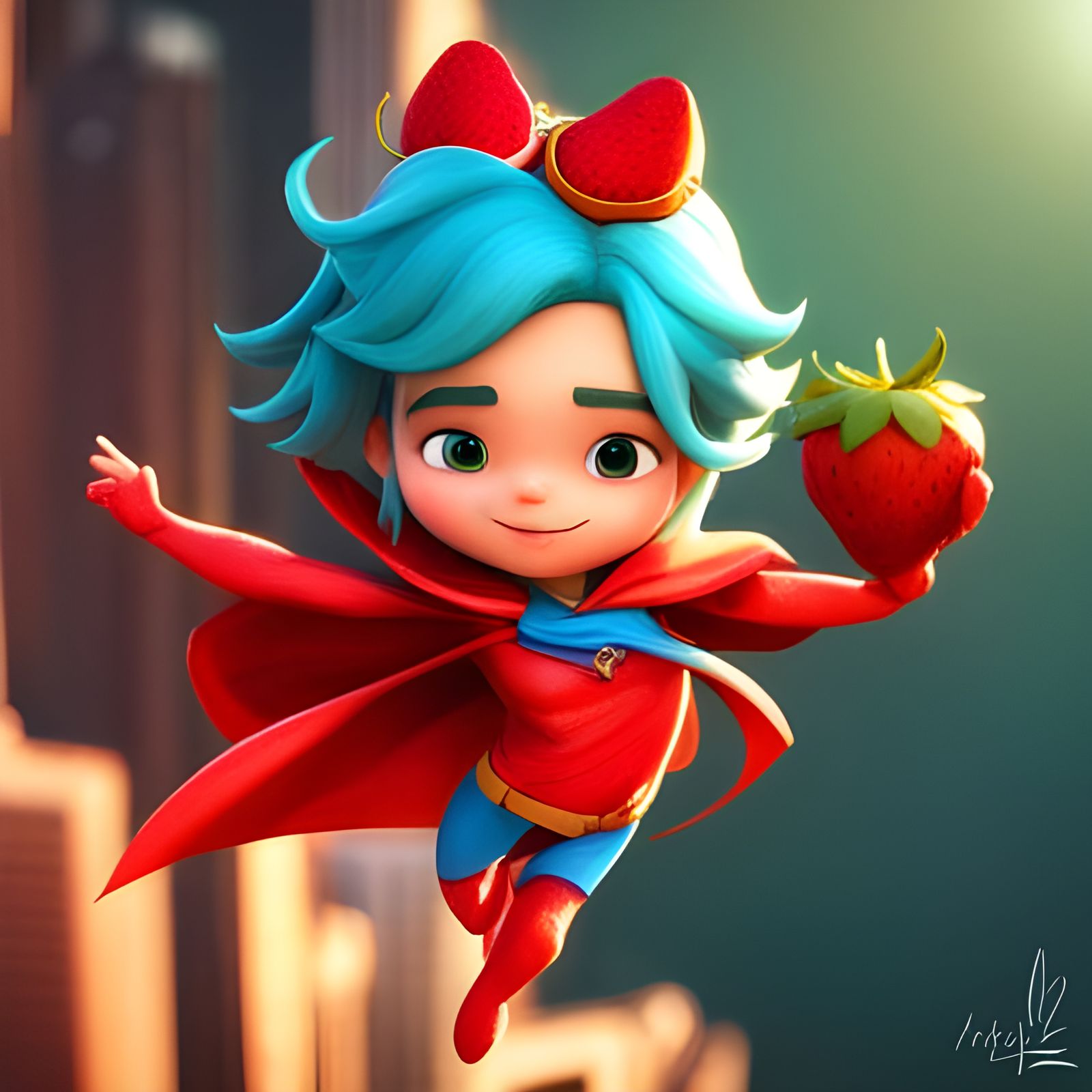 Strawberry Superhero in Cityscape: 3D CGI Art