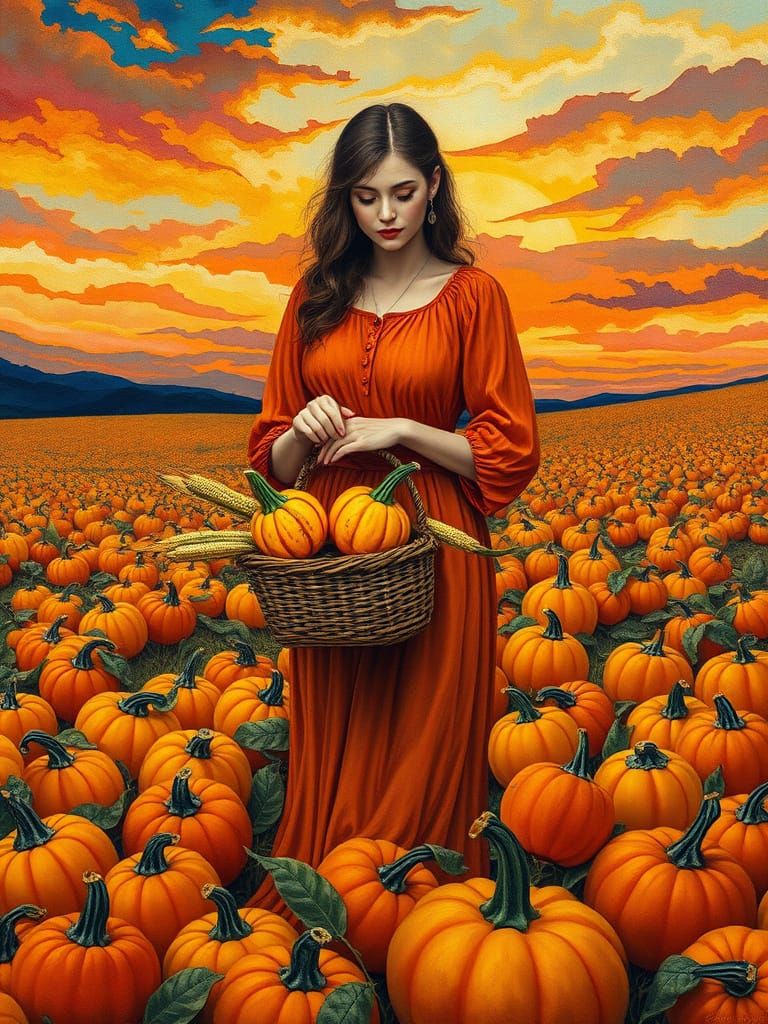 Art Deco Autumn Harvest Painting of Woman with Gourds