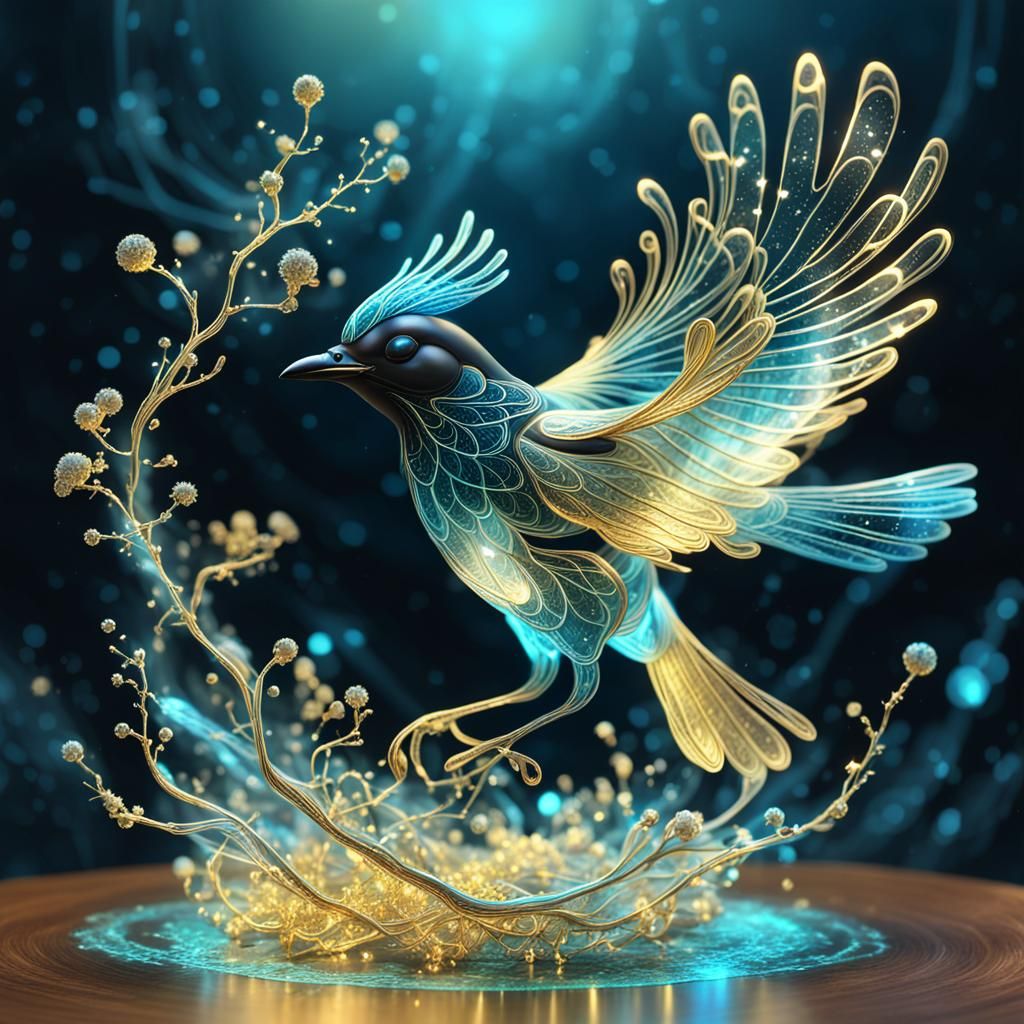 Bioluminescent Crystal Magpie with Gold Particles