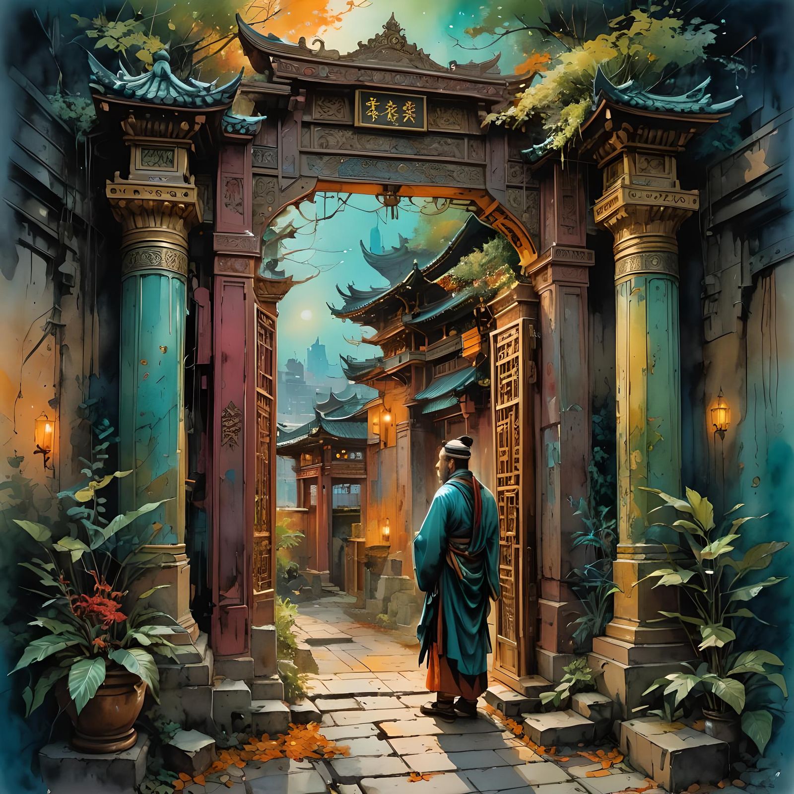 Oriental Gateway: Watercolor and Ink Illustration