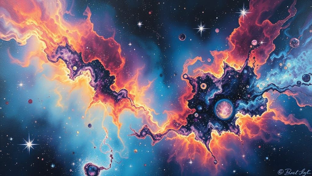 Vibrant Cosmic Dreamscape in Holographic Oil Painting