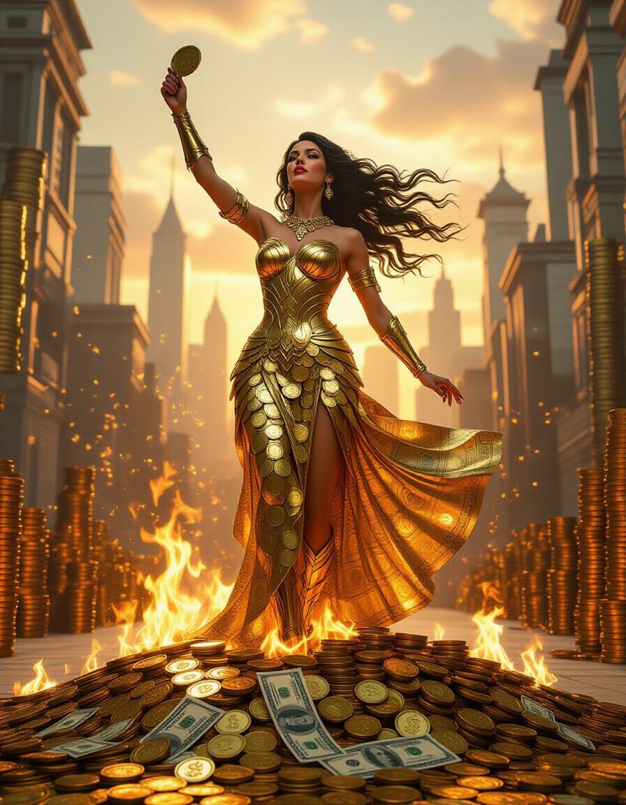 Majestic Woman Rises from Burning Currency in High-Fantasy R...