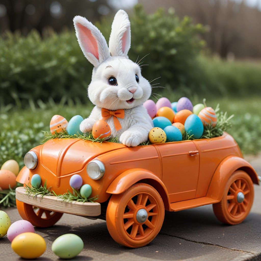 Whimsical Easter Bunny Cruises in a Carrot Automobile