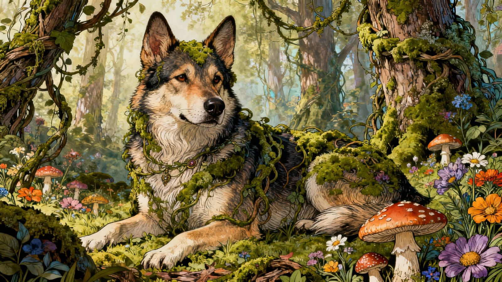 Enchanting Forest Canine in Detailed Fantasy Landscape