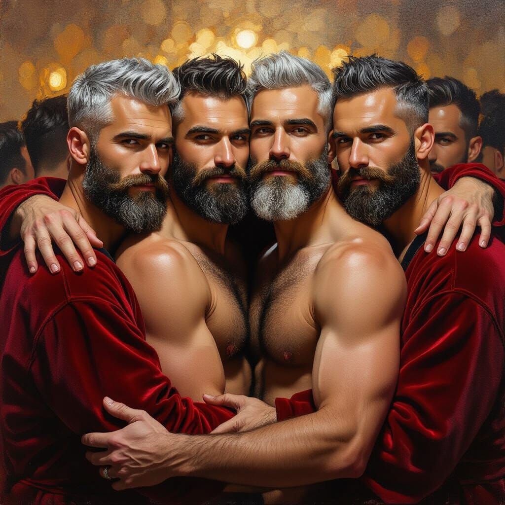 Four Handsome Bearded Men Hugging in Red Robes