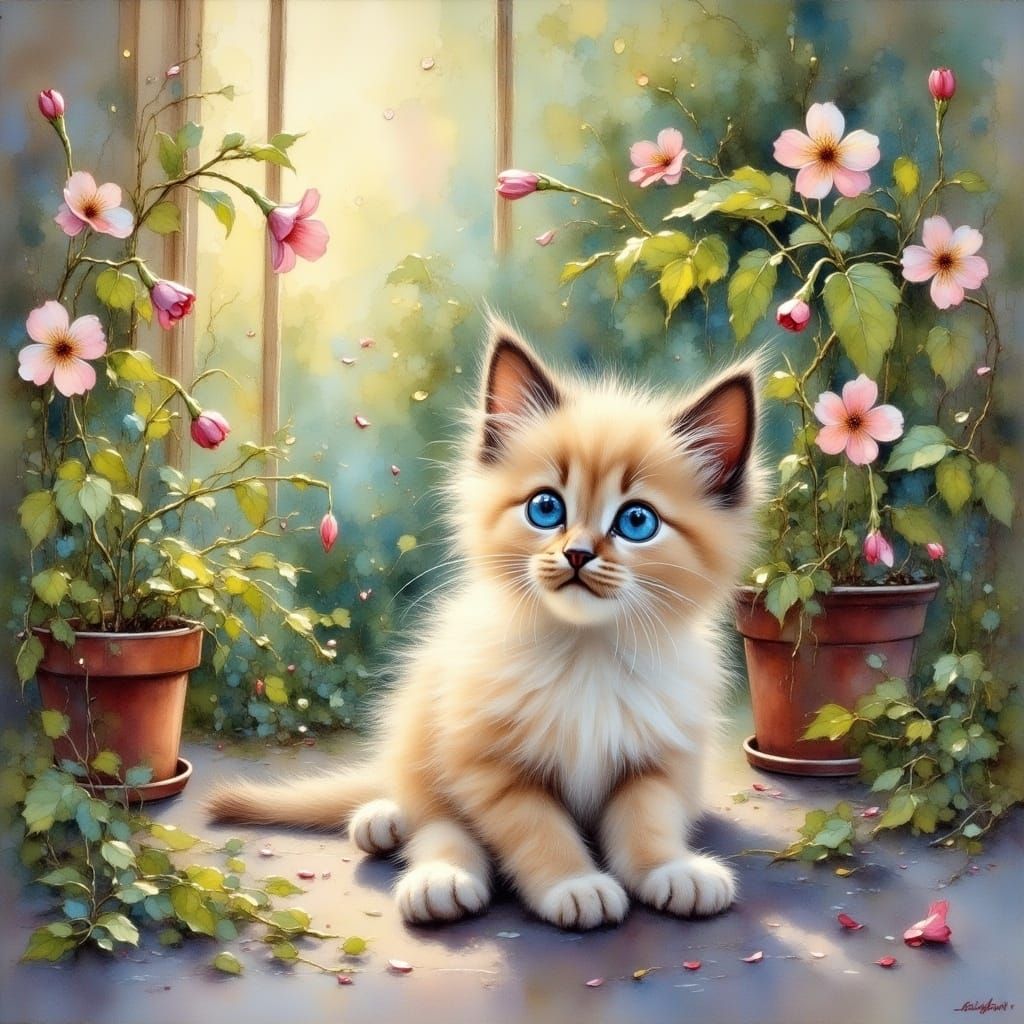 Impressionistic Siamese Cat in Sunny Garden