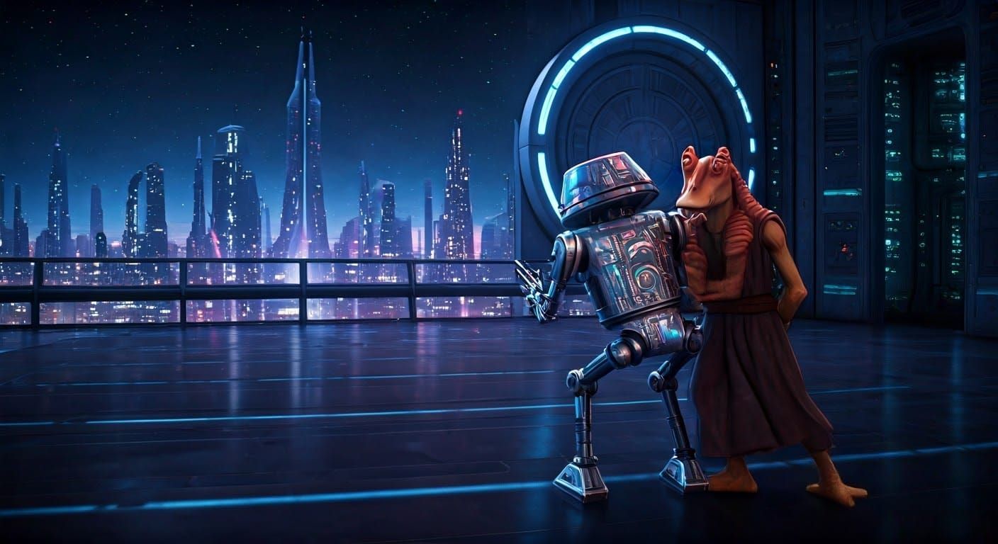 Jar Jar Binks Meets Droid on Coruscant in Sci-Fi Anime Style