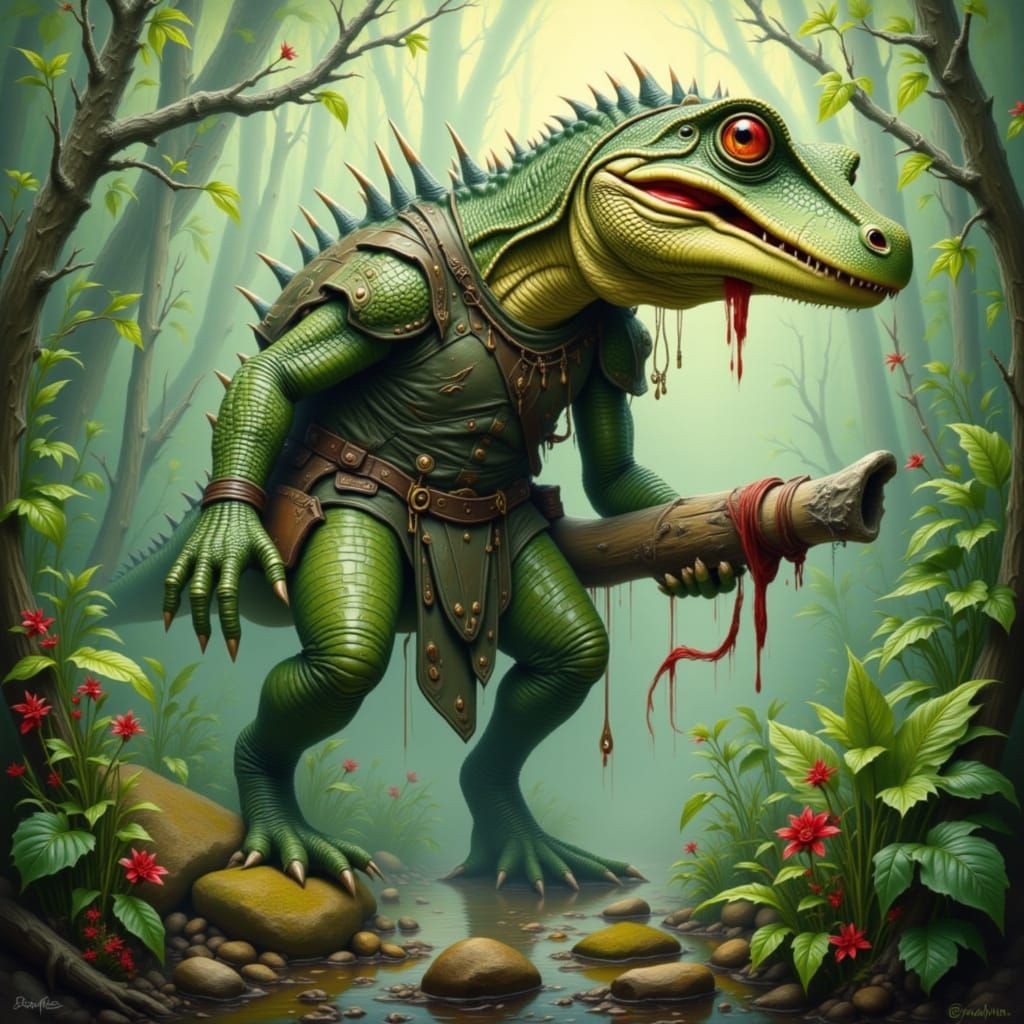 Anthro Gator Walking a Dinosaur