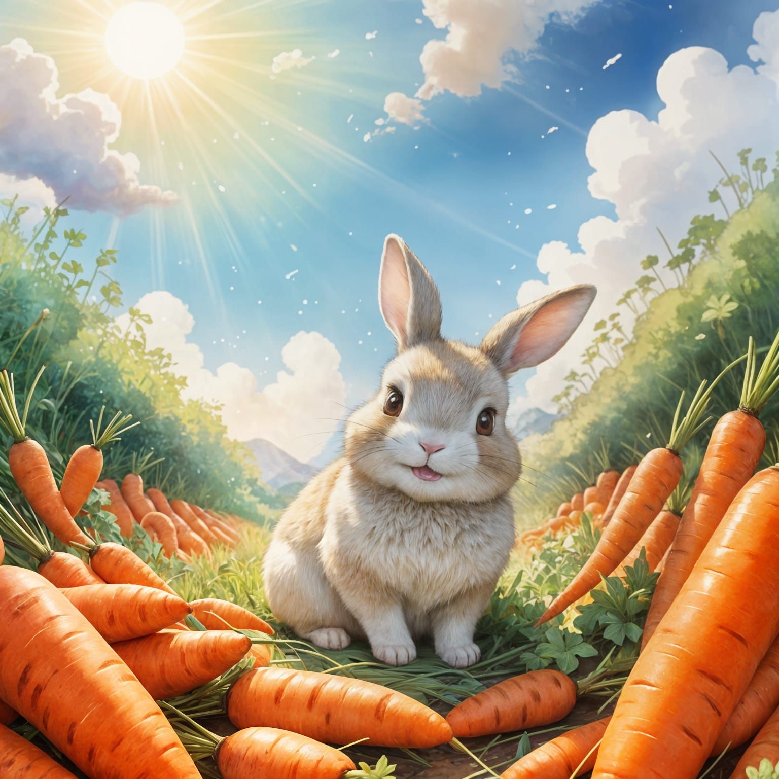 Chubby Anime Rabbit Surrounded by Vibrant Carrots in Heavenl...