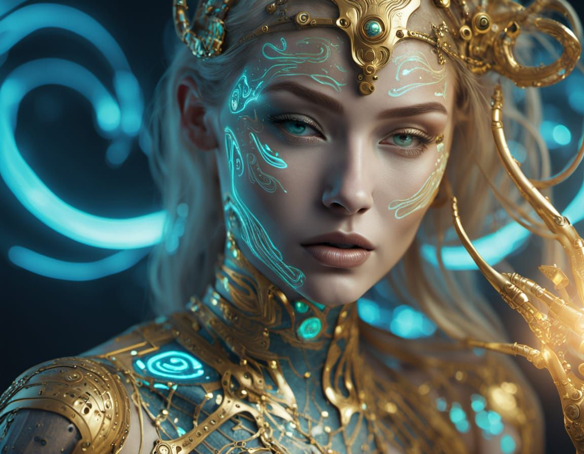 Bioluminescent Cosmic Queen in Neo-Impressionist Style