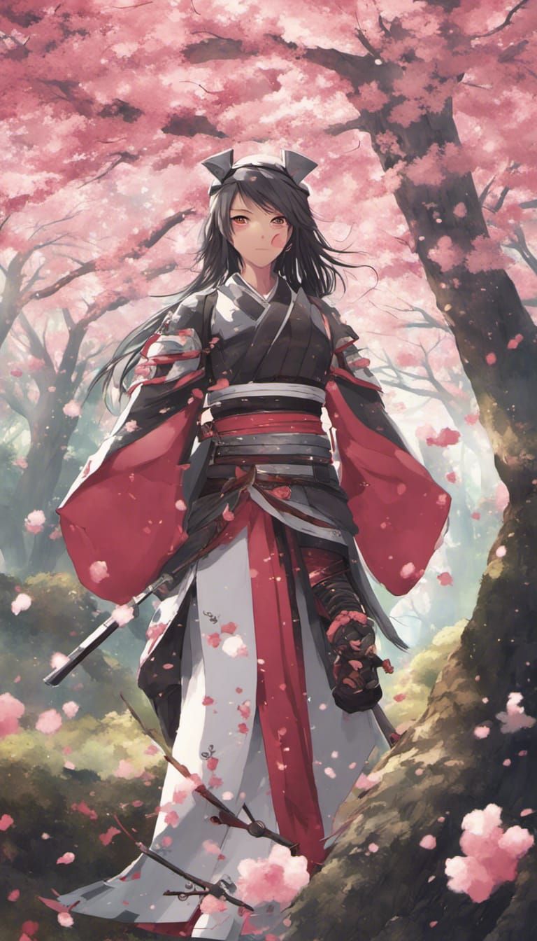 Armored Female Samurai in Anime Cherry Blossom Forest