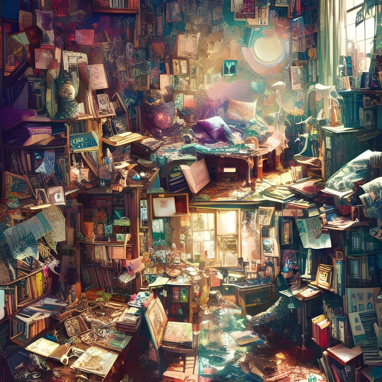Fantasy Room with Worlds from Book, Collage Illustration