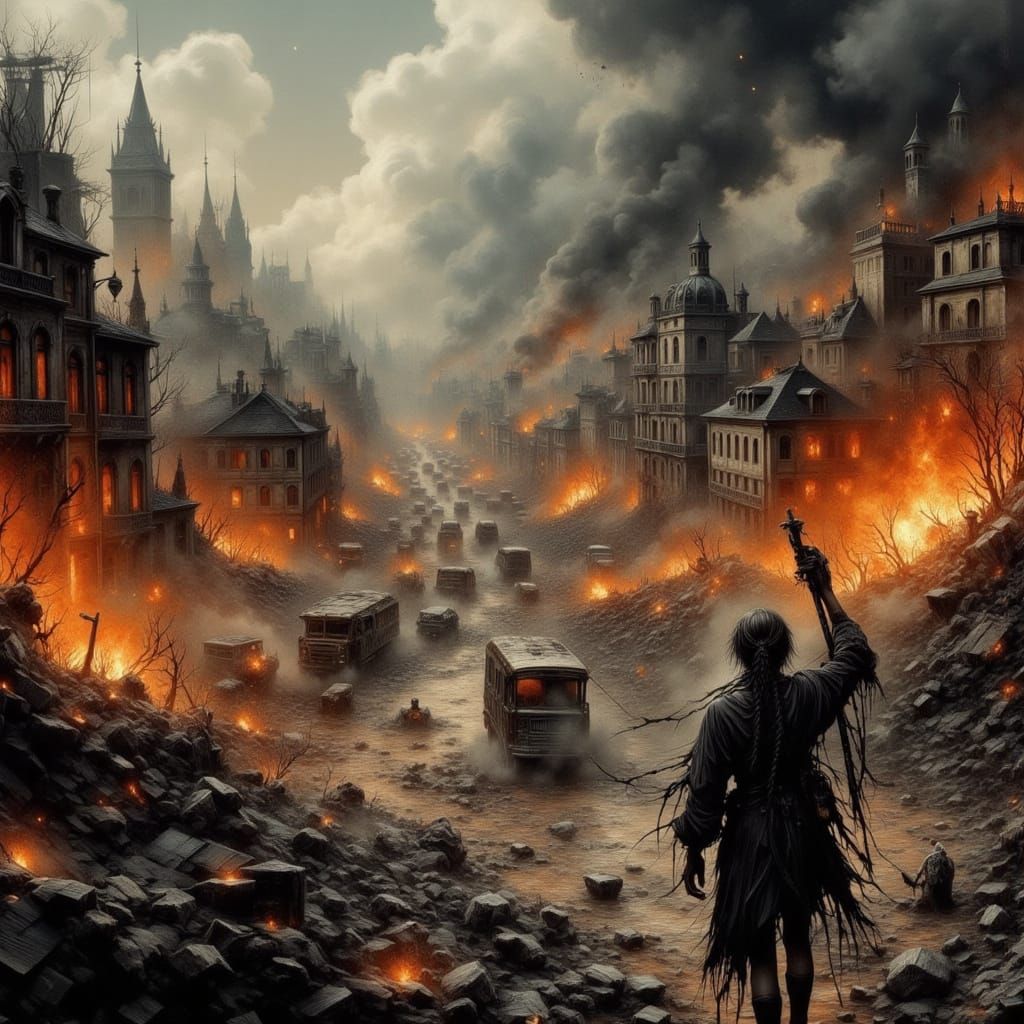 Cityscape in Chaos: Woman Defies Apocalypse