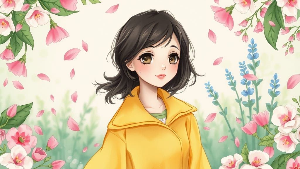 Girl in Spring Garden Watercolor Painting