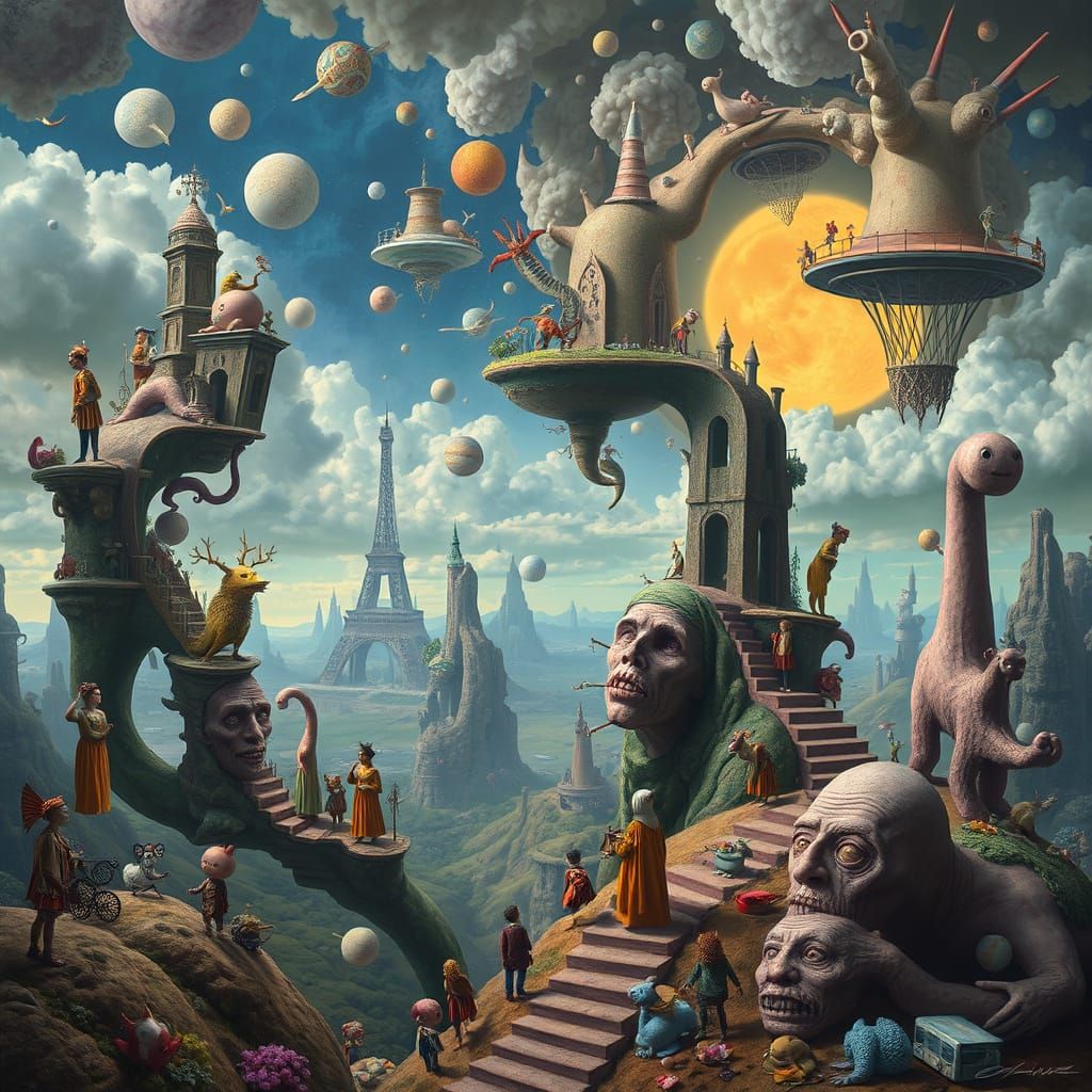 Surreal Dreamscape With Whimsical Figures and Distorted Arch...